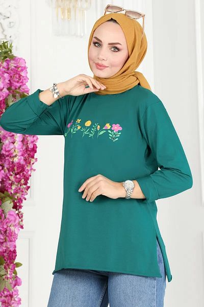 TOFİSA Plain Medium Women's Emerald Floral Printed Tunic - 26628