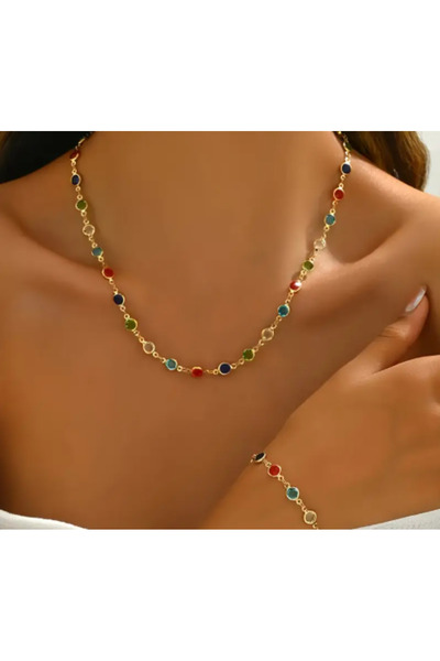 SE Jewellery Collection Selin Ersoy Kadın Renkli Taşlı Gold Kolye ve Bileklik Takımı – Zarif ve Şık Takı Seti