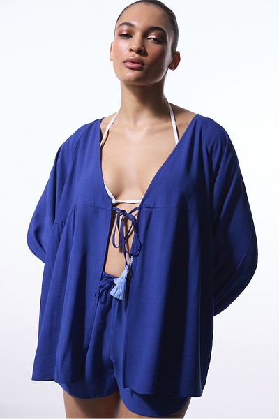 Penti Navy Blue Freya Crinckle Short Sleeve V-Neck Midi Kimono