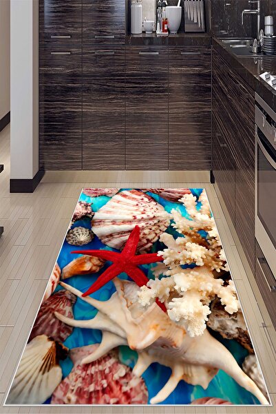 Pelangi Mavi Zemin Deniz Canlıları Desenli Yıkanabilir Kaymaz Taban Leke Tutm...