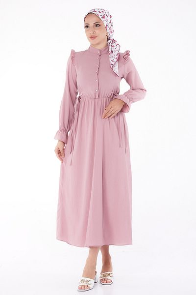 TOFİSA Pink Ruffled Straight Chief Collar Women's Dress - 13269