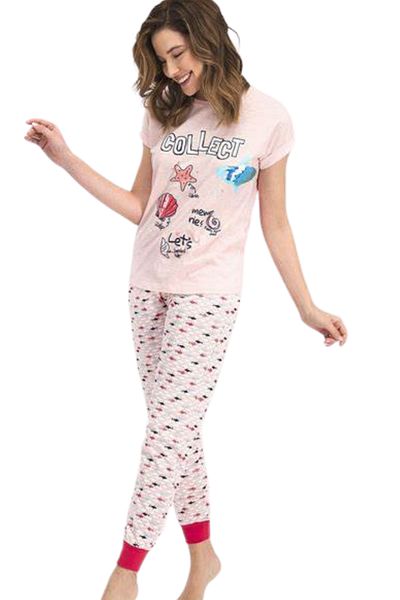 vory Women's Printed Salmon Short Sleeve and Cuffed Leg Single Jersey Pajama Set Vr.Rp.Ky24.A.60.Y08