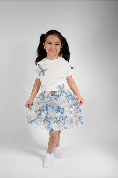 KİDSPİTİRCİK SET FUSTA TUL FLORAL ALBASTRU FATA (100% BUMBAC)
