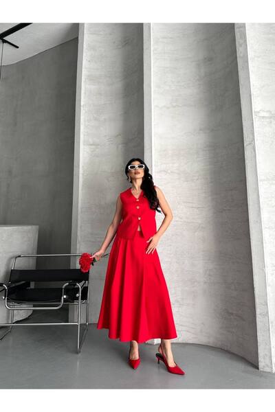 Bella Breeze Kadın Alt Üst Takım Şık Düğme Detaylı Premium Yelek Etek İkili Takım Elbise