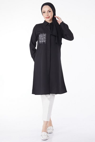 TOFİSA Pocket Embroidery Detailed Tunic Black - 13123