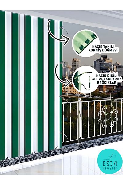 esin tekstil Green and White Striped Balcony Curtain with Cornice - Luxury Custom Made Tarpaulin