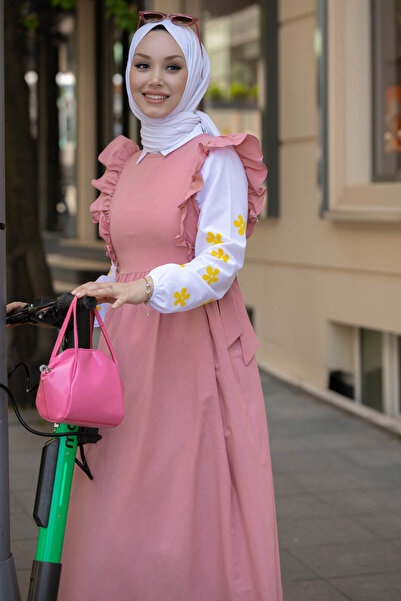 TOFİSA Pink Women's Shirt Dress - Plain Crew Neck - 10510