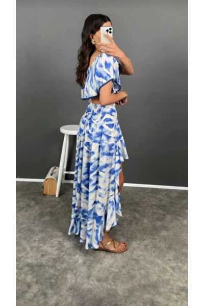 NÜANS MODA batik desen fırfırlı büzgü detaylı etek krop takım