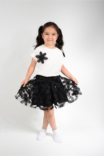 KİDSPİTİRCİK Girl's Black Flowery Tulle Skirt Suit (100% Cotton)