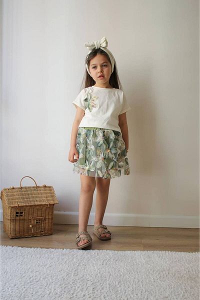 Hzmis Girl's Green Floral Bottom-Top Skirt Suit