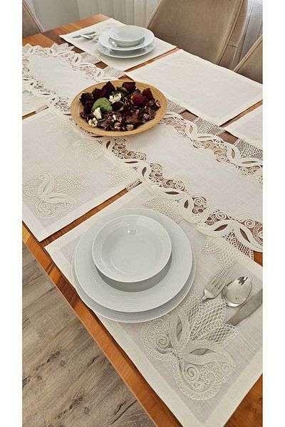 ZESA HOME French Lace American Set with Linen Texture -8 People, 9 Pieces