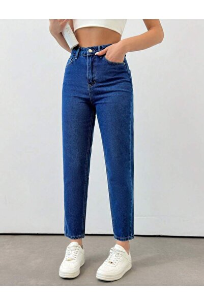 TOFİSA Απλό μεσαίο γυναικείο σκούρο μπλε Slim Fit Mom Jeans - 13360