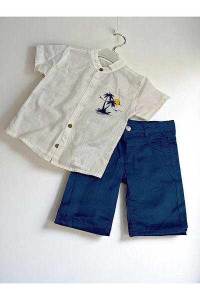 Kant Store Boys' Summer Shirt and Navy Blue Linen Shorts Set of 2