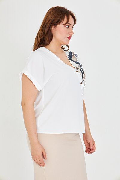 UNIQUE LADY Women S V-Neck Asymmetrical Print Blouse with Ornamental Button Detail - for Casual and Stylish Combinations