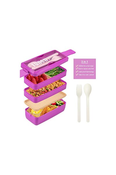 DELPI 3 in 1 Lunch Box Set, 2 Cutlery, Plastic, 3 Compartments, 1000 ml, Pink