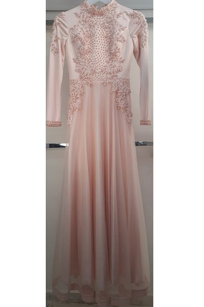 N.Y.YILDIZ Star Tulle Satin Embroidered Beaded Long Length Lined Sleeve Evening Dress