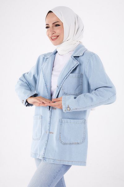 TOFİSA Double Breasted Denim Jacket Ice Blue Snow - 24049