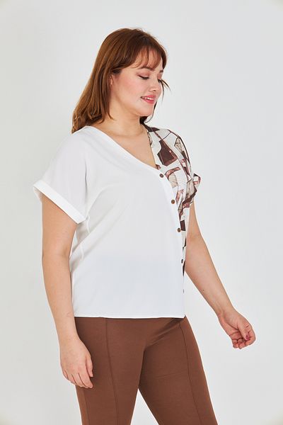 UNIQUE LADY Women S V-Neck Asymmetrical Print Blouse with Ornamental Button Detail - for Casual and Stylish Combinations