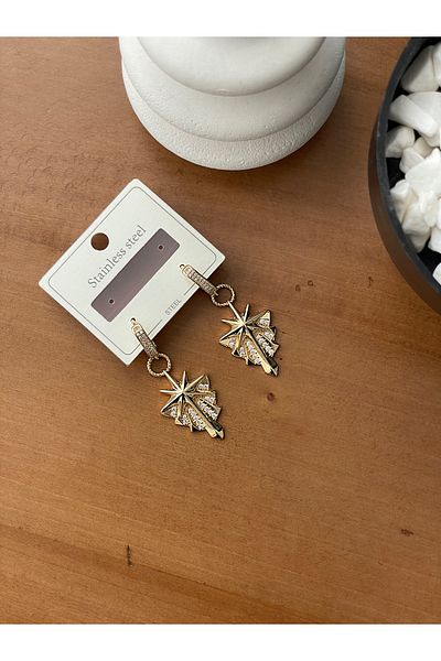 JELLY Women's Steel Gold Colored Zircon Stone Star Figured Sparkling Modern Dangle Women's Earrings