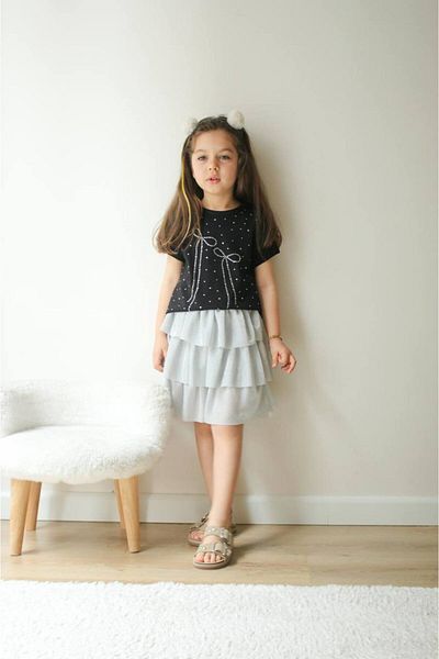 Hzmis Girl's Black-Grey Bow Detailed Skirt Suit