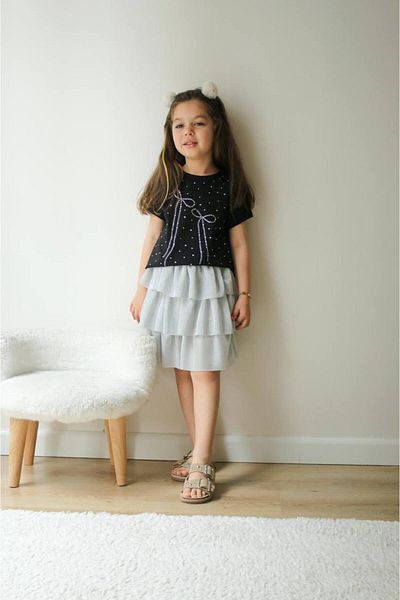 Hzmis Girl's Black-Grey Bow Detailed Skirt Suit