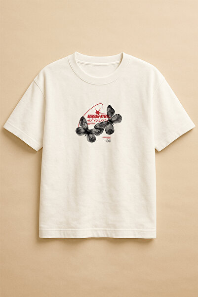 Altair Tr تي شيرت أبيض اللون كبير الحجم مطبوع عليه فراشة أساسية للجنسين