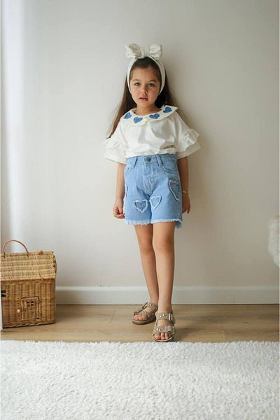 Hzmis Girl's Heart Detailed Denim Shorts Top and Bottom Set