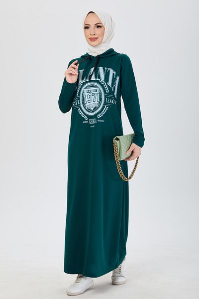 TOFİSA Green Hooded Women's Dress - Straight Cut 13086