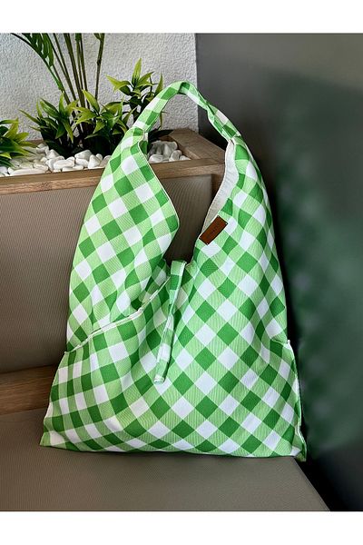 LUNAFEL Geantă tote din țesătură Gingham verde - geantă de mână și geantă de umăr pentru femei