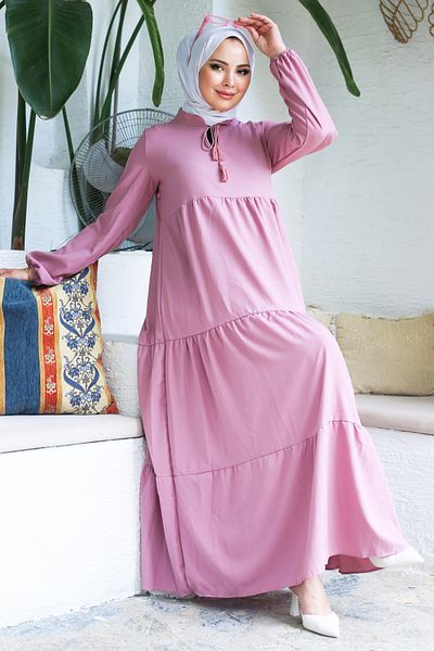 TOFİSA Gathered Lace Detailed Dress Rose - 13145
