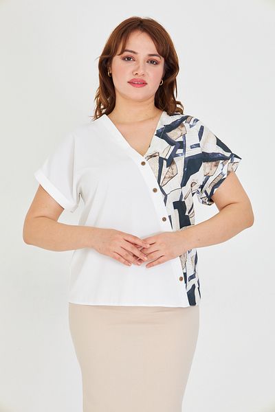 UNIQUE LADY Women S V-Neck Asymmetrical Print Blouse with Ornamental Button Detail - for Casual and Stylish Combinations