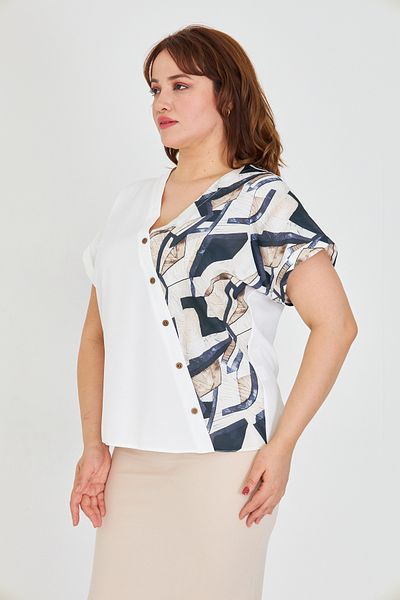 UNIQUE LADY Women S V-Neck Asymmetrical Print Blouse with Ornamental Button Detail - for Casual and Stylish Combinations