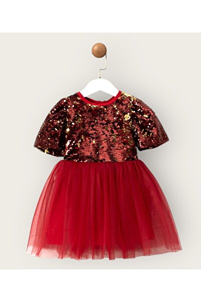 LİTTLE ANGELS فستان بناتي مزين بالترتر باللون الأحمر