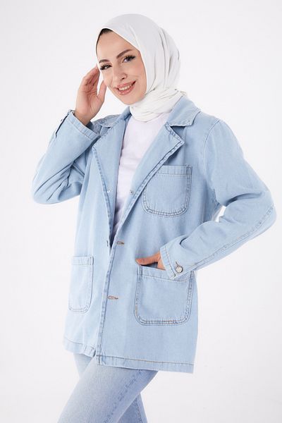 TOFİSA Double Breasted Denim Jacket Ice Blue Snow - 24049