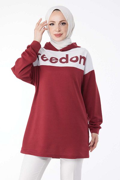 TOFİSA Printed Hooded Sweatshirt Claret Red - 13134