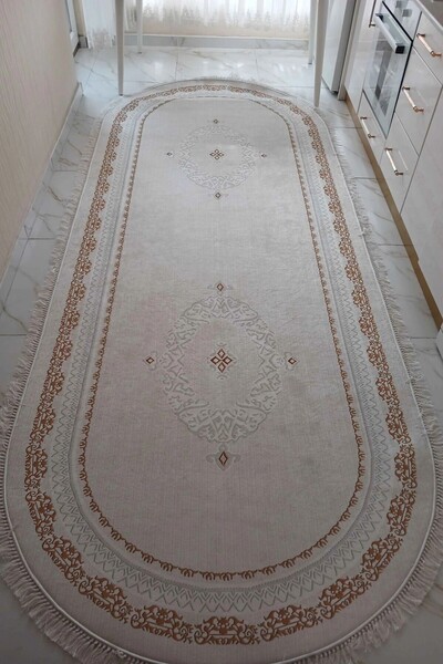 CENTER AVM Beyaz Gold Mutfak Halısı Makinede Yıkanabilir Kaymaz Taban Mutfak ...