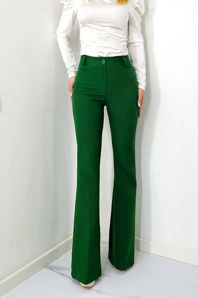 FashionForYou Elegant trousers, Katte, flared cut and high waist, Dark green, S
