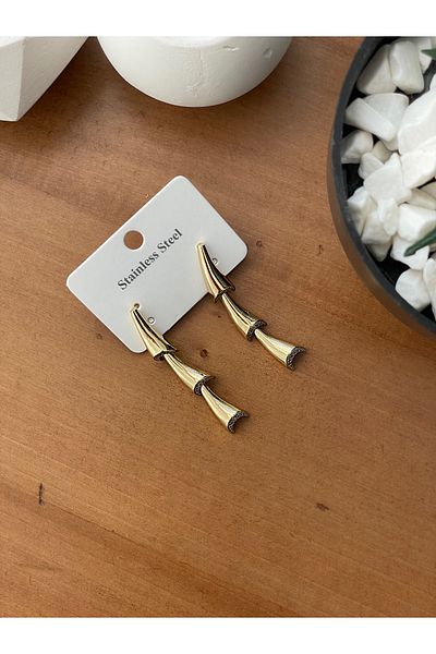 JELLY Women's Steel Gold Color Zircon Stone Segment Design Long Dangle Earrings