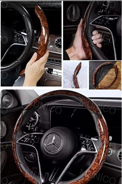 Munico Tüm Modellere Uyumlu Ahşap Tasarımlı Direksiyon Simidi Koruma Kılıfı Bmw Mercedes Set Direksiyon