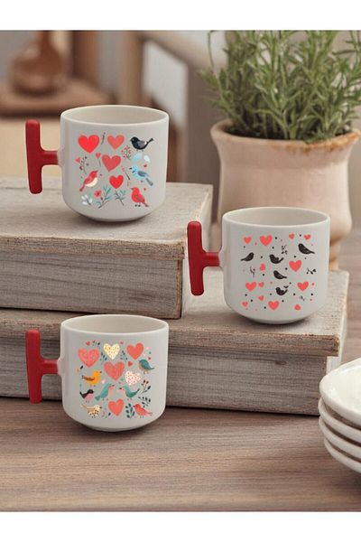 lili hediyelik Hearts and Birds Printed 3-Piece Gift Ceramic Mug with Red Handle