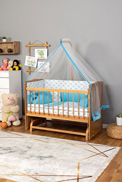 Bamgidoo Ahşap Bebek Beşik Anne Yanı Beşik Doğal (VERNİKLİ) 60x120 - Mavi Balina Uyku Seti Yatak