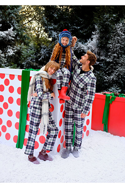 Penti Unisex Çocuk Lacivert Kareli Gömlek Pantolon Beyaz Pijama Takımı
