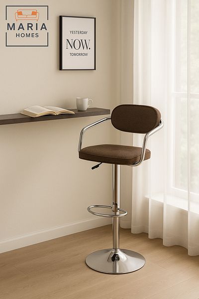 MARIA HOMES Adjustable Brown Bar Stool with Chrome Base and Backrest – Swivel Counter Chair for Kitchen & Bar