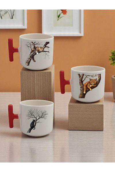 lili hediyelik 3-Piece Mug Cup Gift Ceramic Mug with Cat on Tree Printed