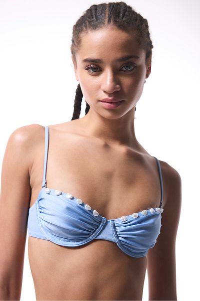 Penti Top de bikini albastru cu sârmă cu mărgele Seashell - Colecția Gamze Erçel