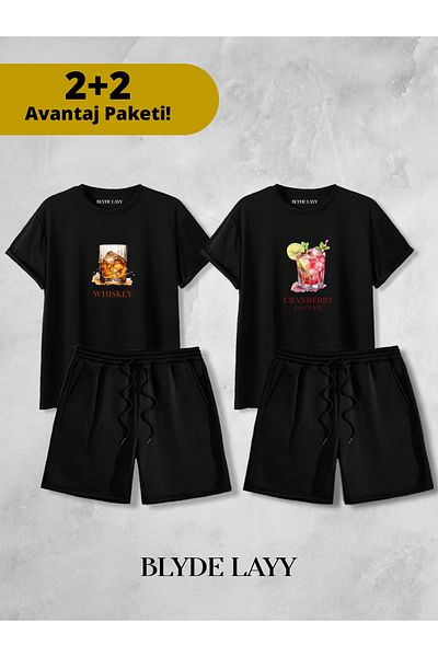 BLYDE LAYY Whiskey-Coctail Printed Unisex 2-Piece Lover Couple Combination (2 Shorts - 2 T-Shirt Set Advantage Package)