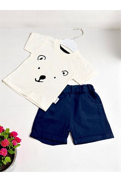 Kant Store Bear Face Printed T-Shirt and Linen Shorts 2-Piece Baby Boy Set