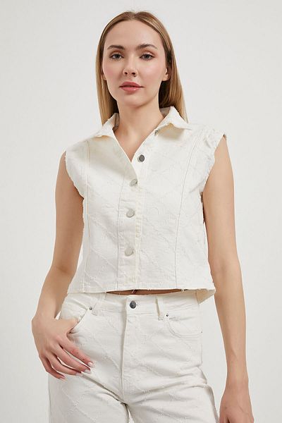 Arma Life Women's Basic Sleeveless Polo Collar Tight Ecru Crop Vest