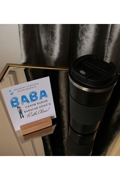HEDİYEBİZİZ Father's Day Special Stainless Steel Black Thermos 450 ml - Gift Card and Wooden Note Holder
