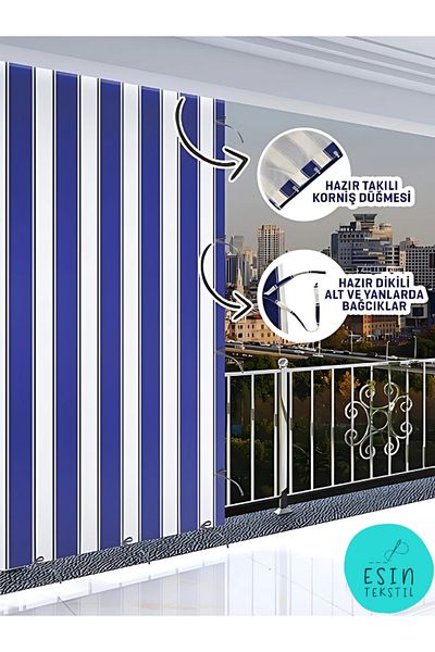 esin tekstil Blue and White Striped Balcony Curtain with Cornice - Luxury Tailored Tarpaulin